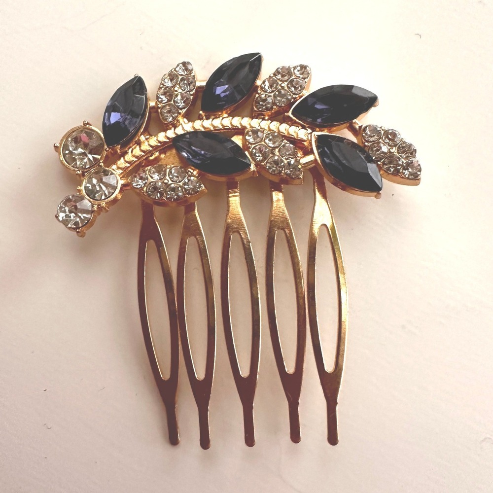 Gold Tone Leaf Hair Comb Navy Blue Faux Stone Rhinestone Wedding Prom Accessory